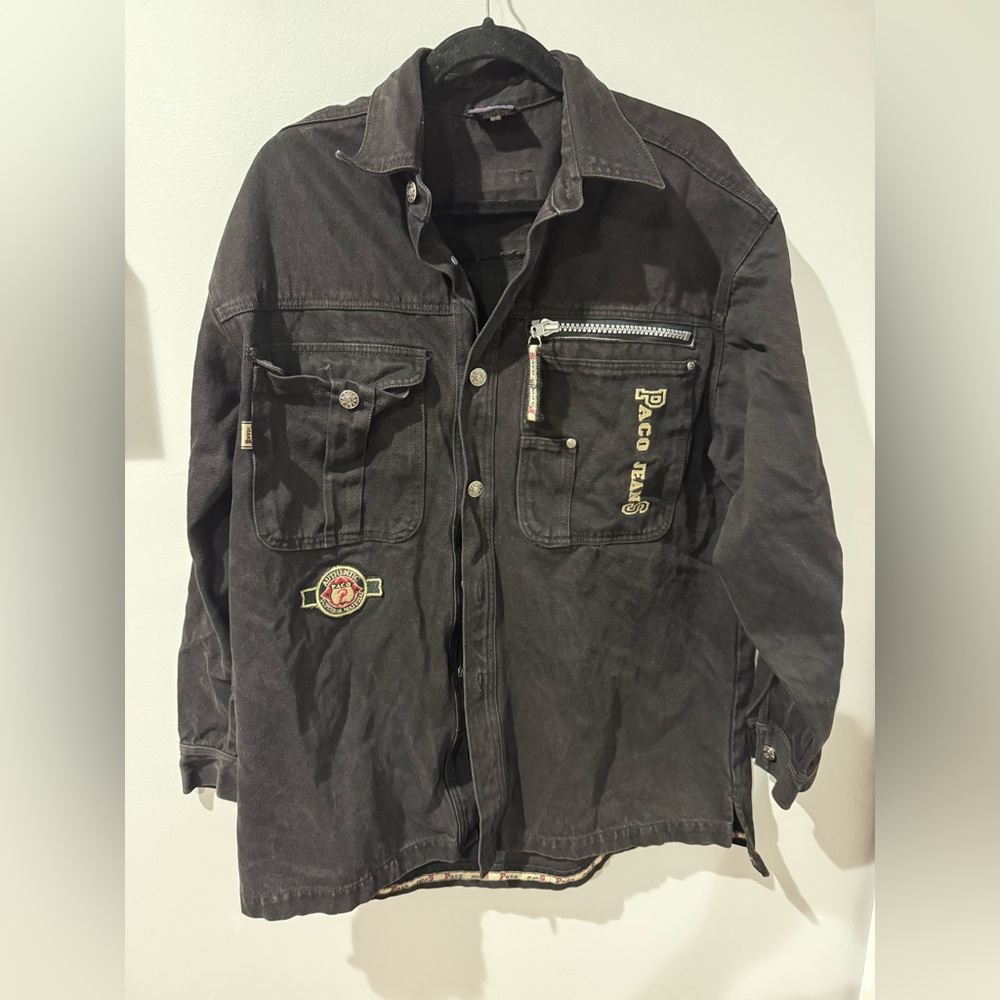 Vintage Paco Jeans Co Jacket Men Large Black Denim Streetwear PATCHES X